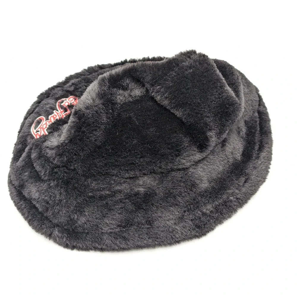 Ed Hardy Faux Fur Bucket Hat Skull Rose Patch Red Logo Winter Warm NWOT